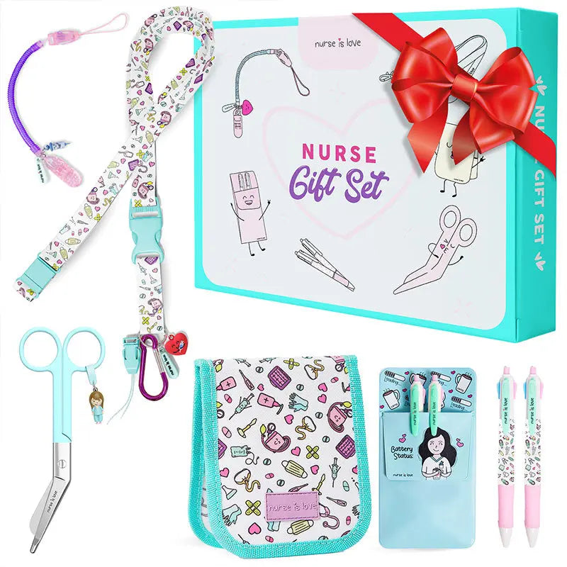 Set de accesorios para enfermeras con diseño colorido y estampado sanitario sobre fondo claro