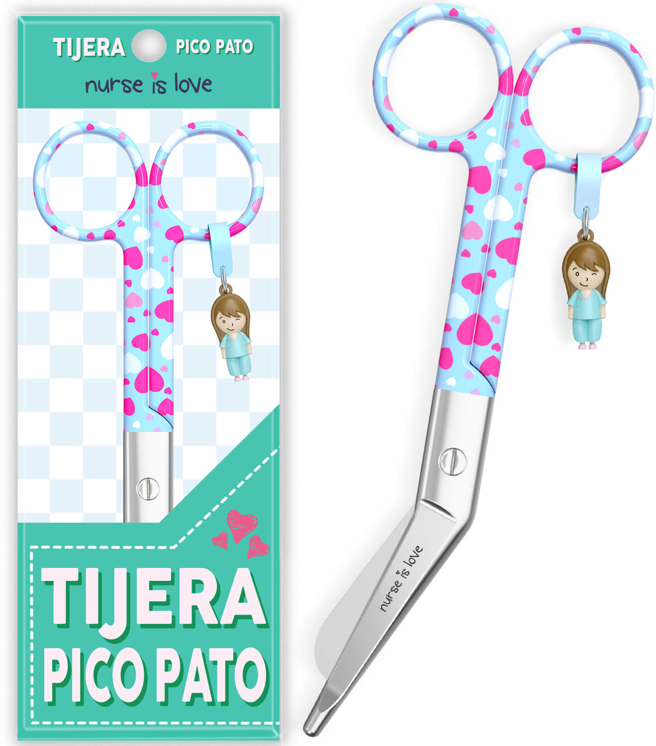 Tijeras enfemeria pico de pato corazones fondo verde
