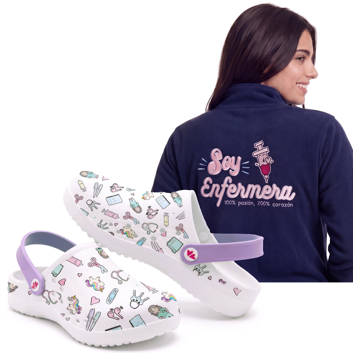 Set de Zuecos Blanco Morado y Chaqueta Polar para Enfermeras de Nurse is Love para enfermería y sanidad