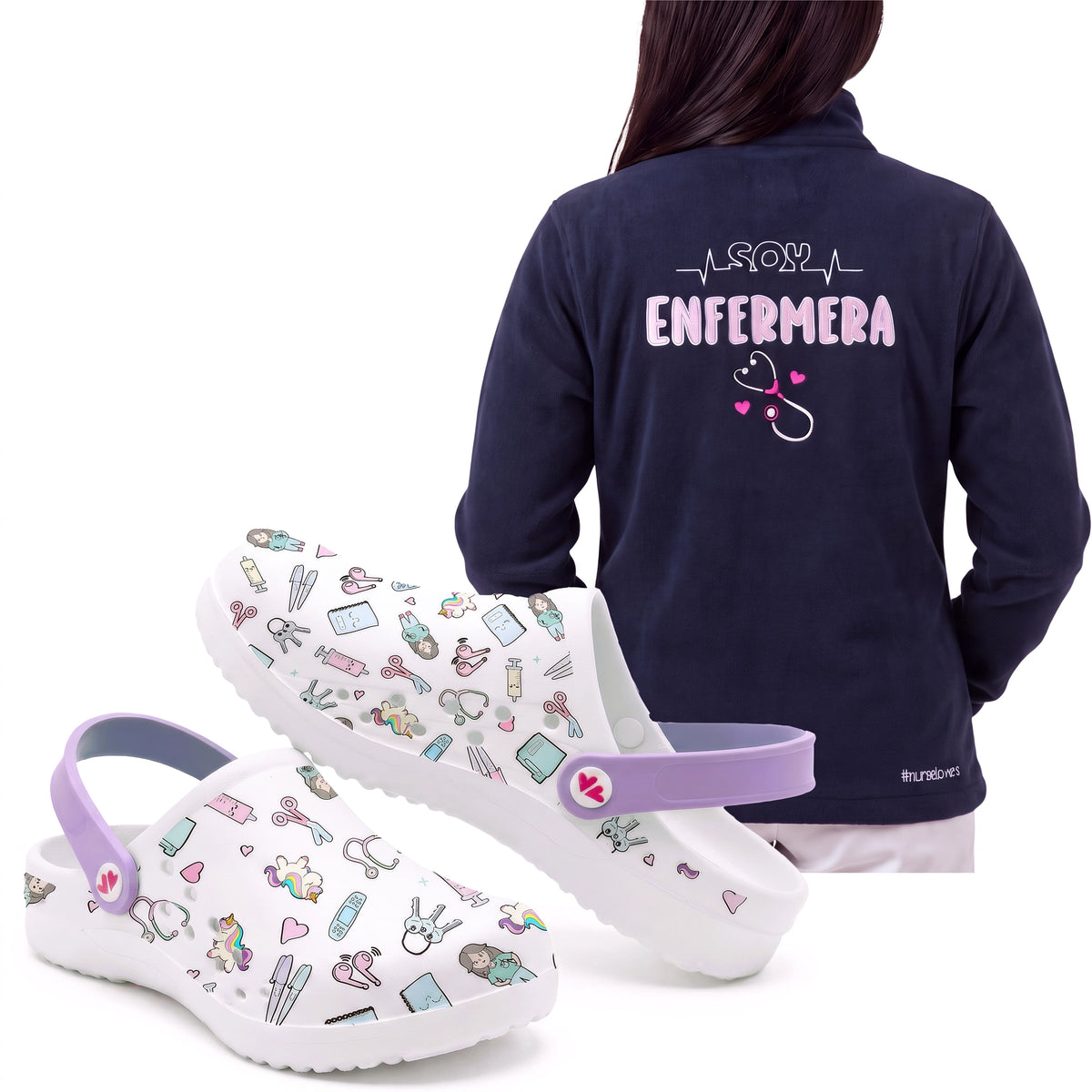 Set de Zuecos Blanco Morado y Chaqueta Polar para Enfermeras de Nurse is Love para enfermería y sanidad