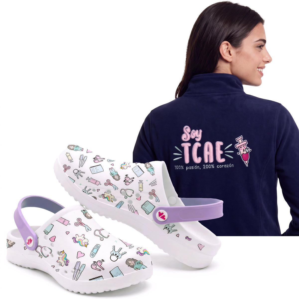 Set de Zuecos Blanco Morado y Chaqueta Polar para TCAE de Nurse is Love para enfermería y sanidad