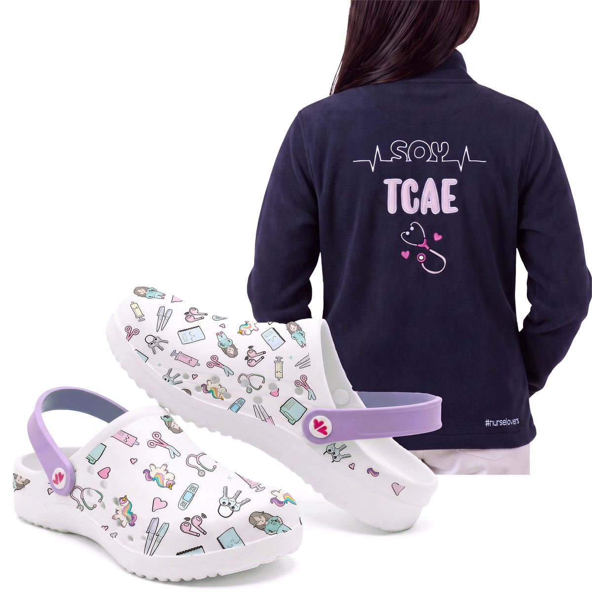 Set de Zuecos Blanco Morado y Chaqueta Polar para TCAE de Nurse is Love para enfermería y sanidad