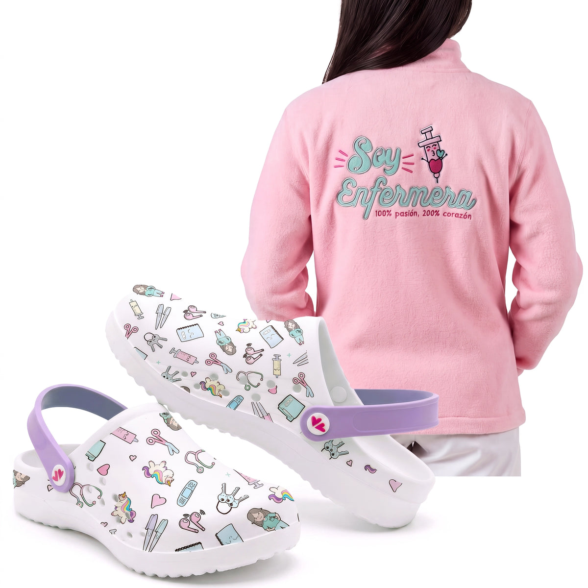 Set de Zuecos Blanco Morado y Chaqueta Polar para Enfermeras (Rosa-Morada) de Nurse is Love para enfermería y sanidad