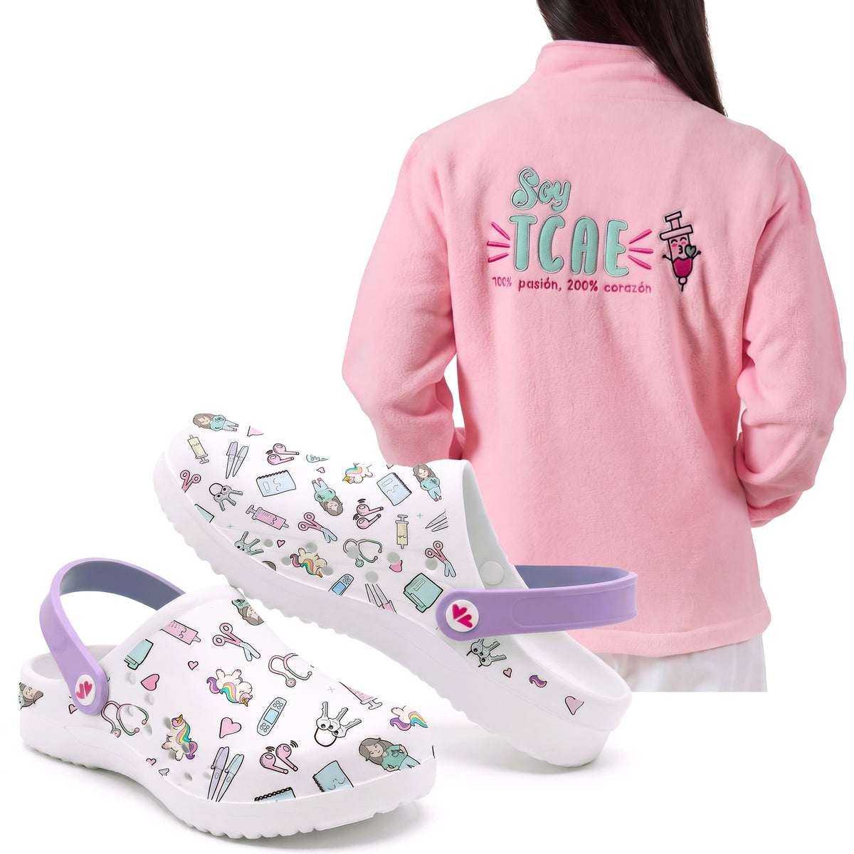 Set de Zuecos Blanco Morado y Chaqueta Polar para TCAE (Rosa-Morada) de Nurse is Love para enfermería y sanidad