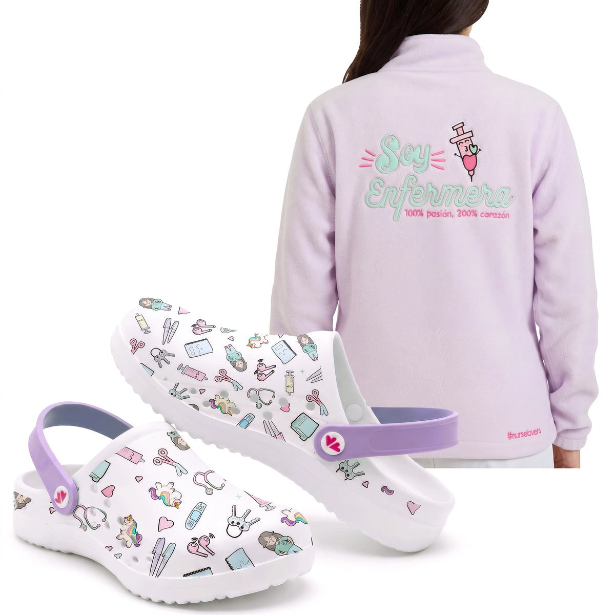 Set de Zuecos Blanco Morado y Chaqueta Polar para Enfermeras (Rosa-Morada) de Nurse is Love para enfermería y sanidad