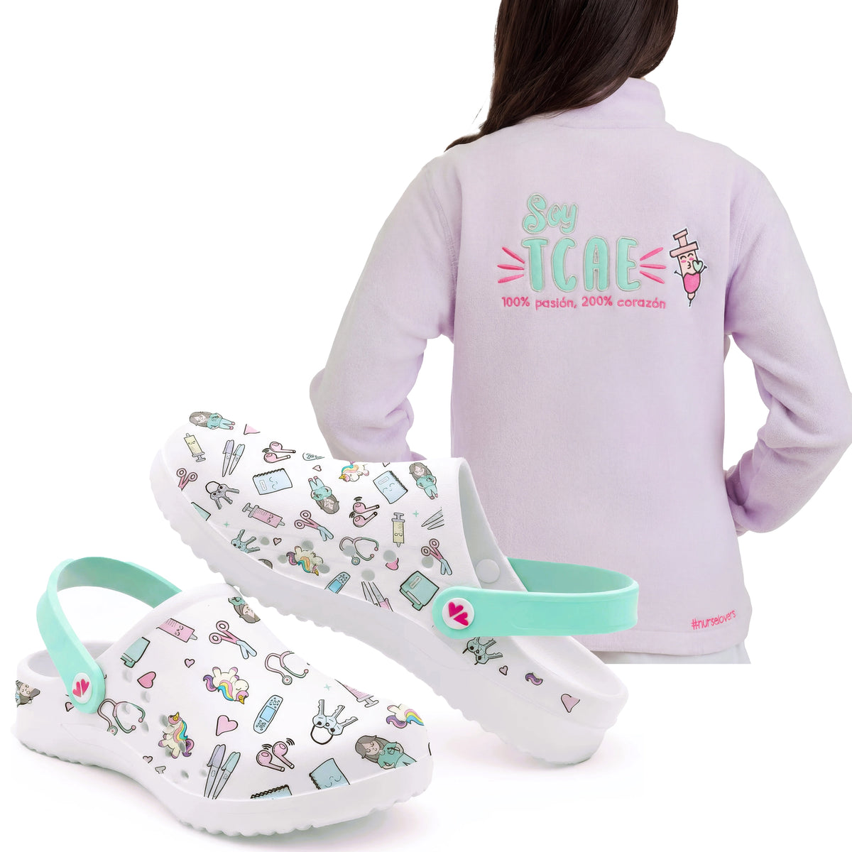 Set de Zuecos Blanco Morado y Chaqueta Polar para TCAE (Rosa-Morada) de Nurse is Love para enfermería y sanidad