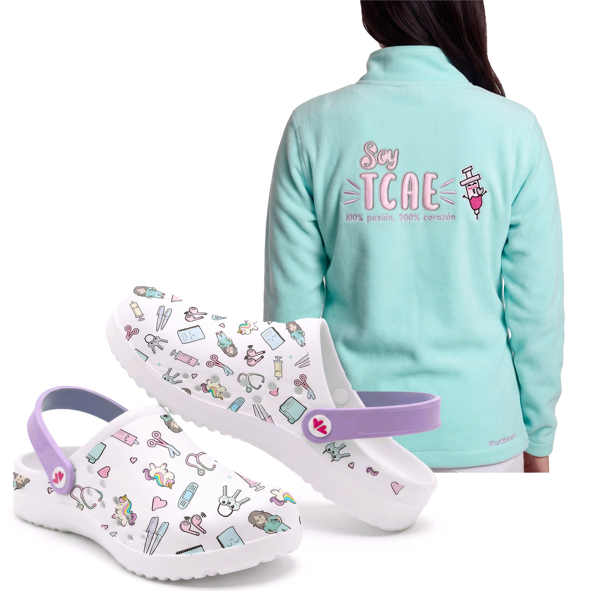Set de Zuecos Blanco Morado y Chaqueta Polar para TCAE de Nurse is Love para enfermería y sanidad