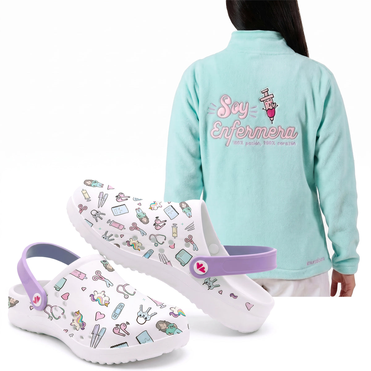 Set de Zuecos Blanco Morado y Chaqueta Polar para Enfermeras de Nurse is Love para enfermería y sanidad