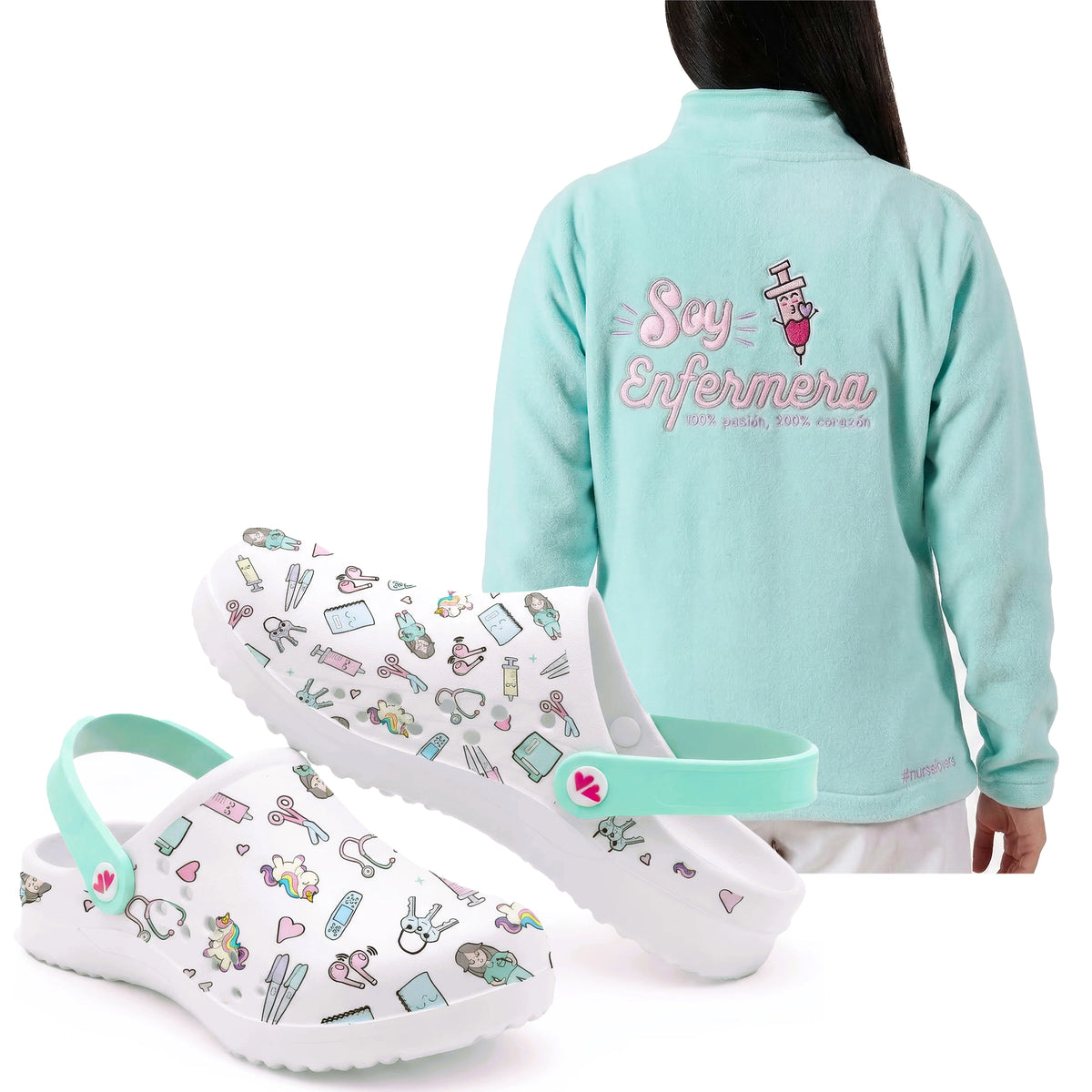Set de Zuecos Blanco Aqua y Chaqueta Polar para Enfermeras Polar Aqua de Nurse is Love para enfermería y sanidad