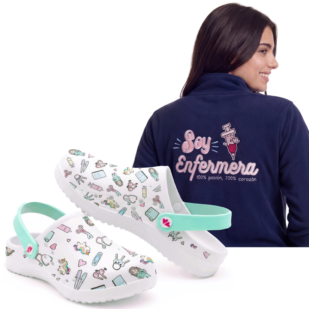 Set de Zuecos Blanco Aqua y Chaqueta Polar para Enfermeras Polar Navy de Nurse is Love para enfermería y sanidad