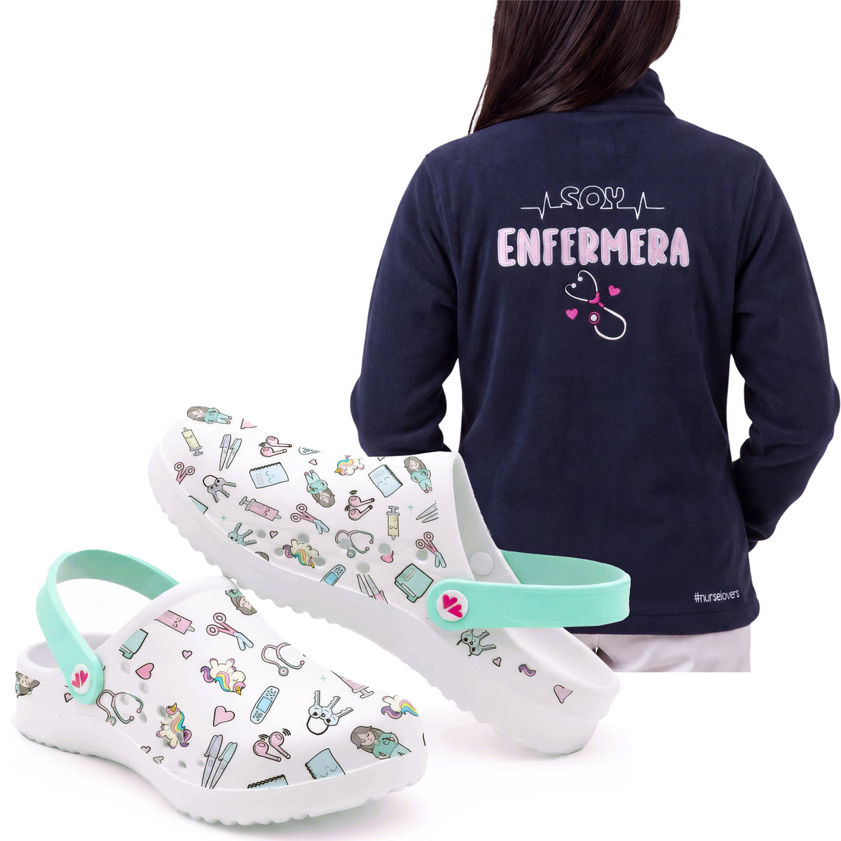 Set de Zuecos Blanco Aqua y Chaqueta Polar para Enfermeras Polar Navy Instrumentos de Nurse is Love para enfermería y sanidad