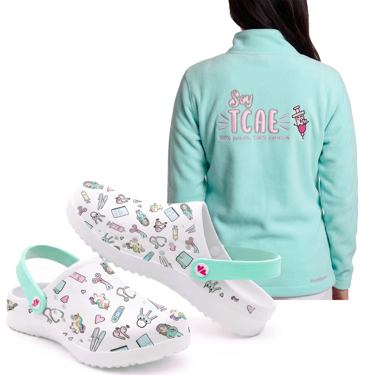 Set de Zuecos Blanco Aqua y Chaqueta Polar para TCAE Polar Aqua TCAE de Nurse is Love para enfermería y sanidad