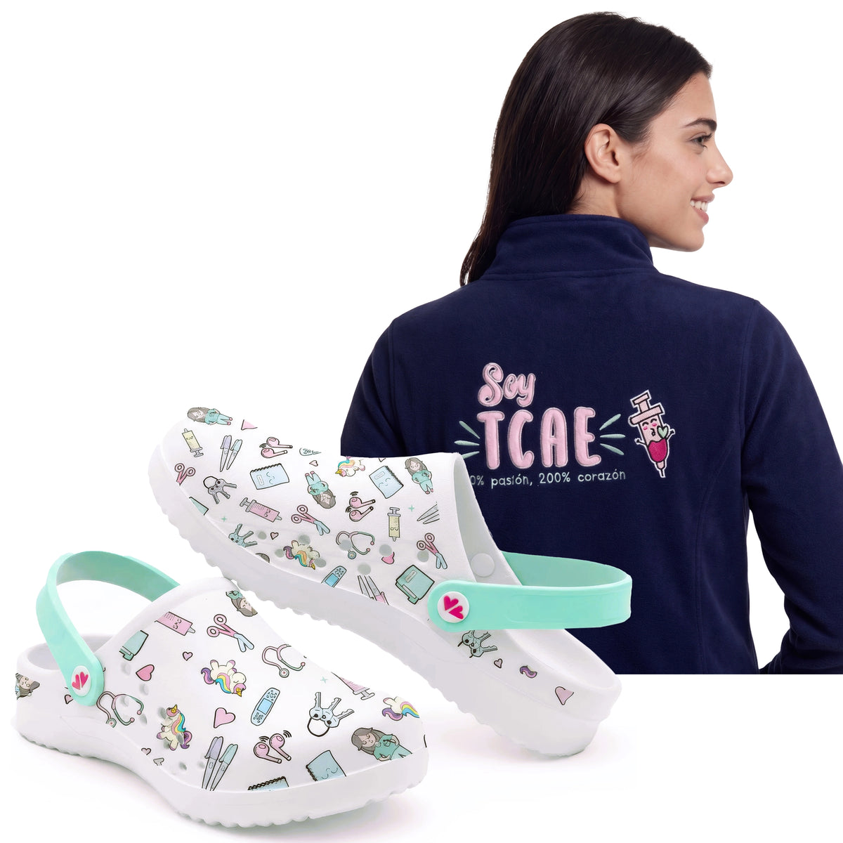 Set de Zuecos Blanco Aqua y Chaqueta Polar para TCAE Polar Navy TCAE de Nurse is Love para enfermería y sanidad