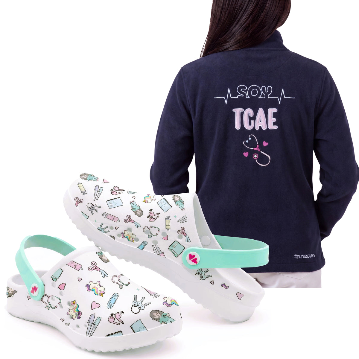 Set de Zuecos Blanco Aqua y Chaqueta Polar para TCAE Polar Navy Instrumentos TCAE de Nurse is Love para enfermería y sanidad