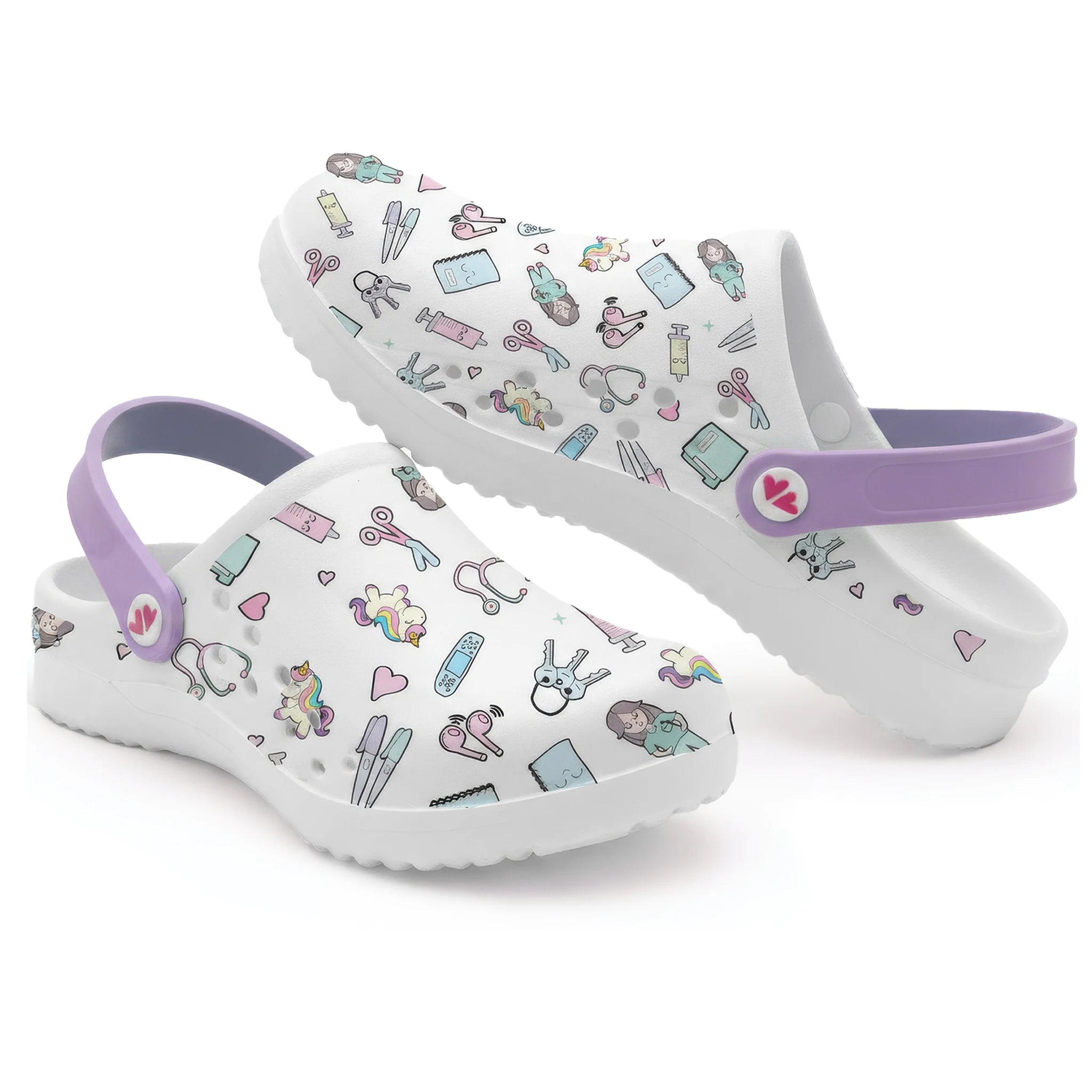 Zuecos para Enfermeras Blanco Morado de Nurse is Love para enfermería y sanidad