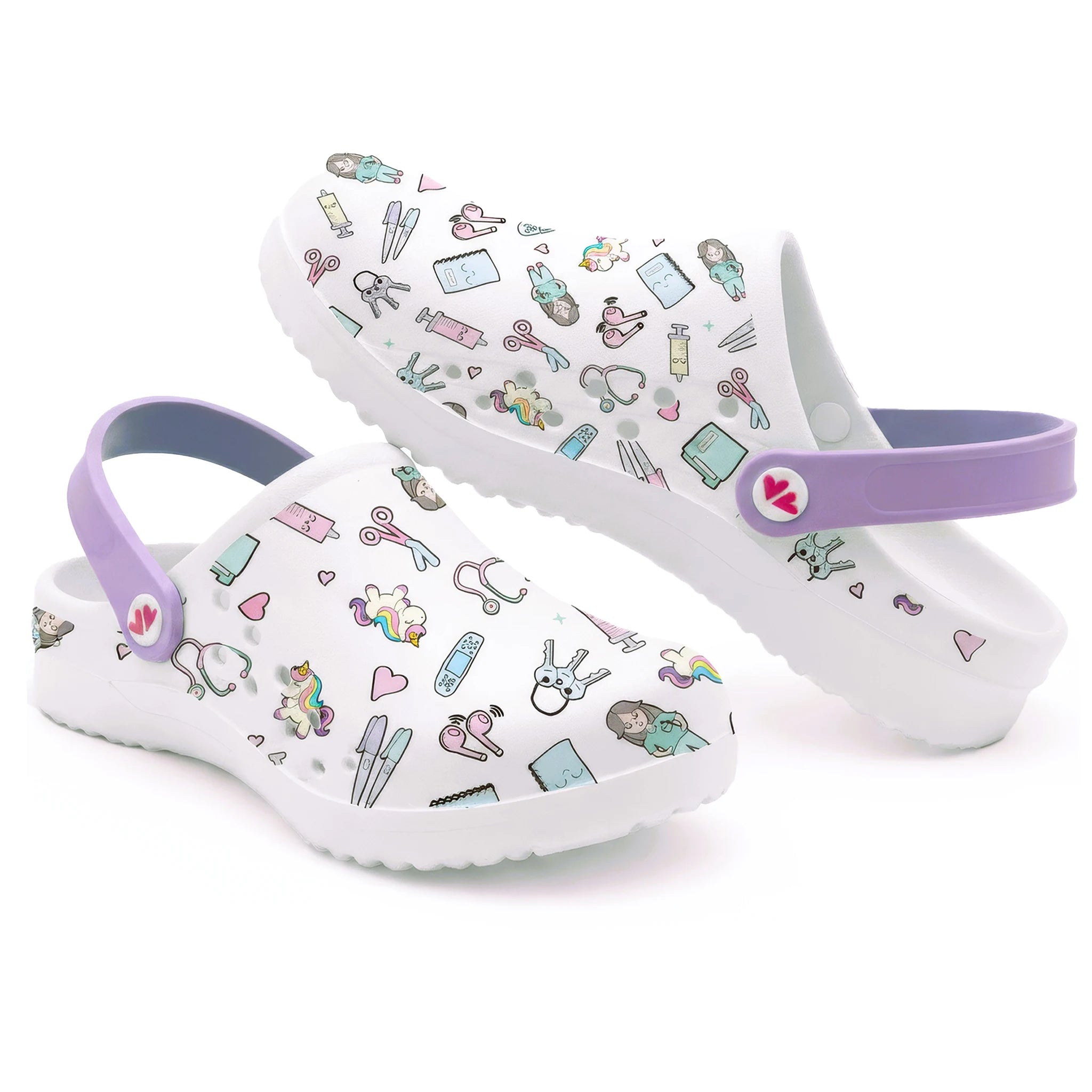 Zuecos para Enfermeras Blanco Morado de Nurse is Love para enfermería y sanidad