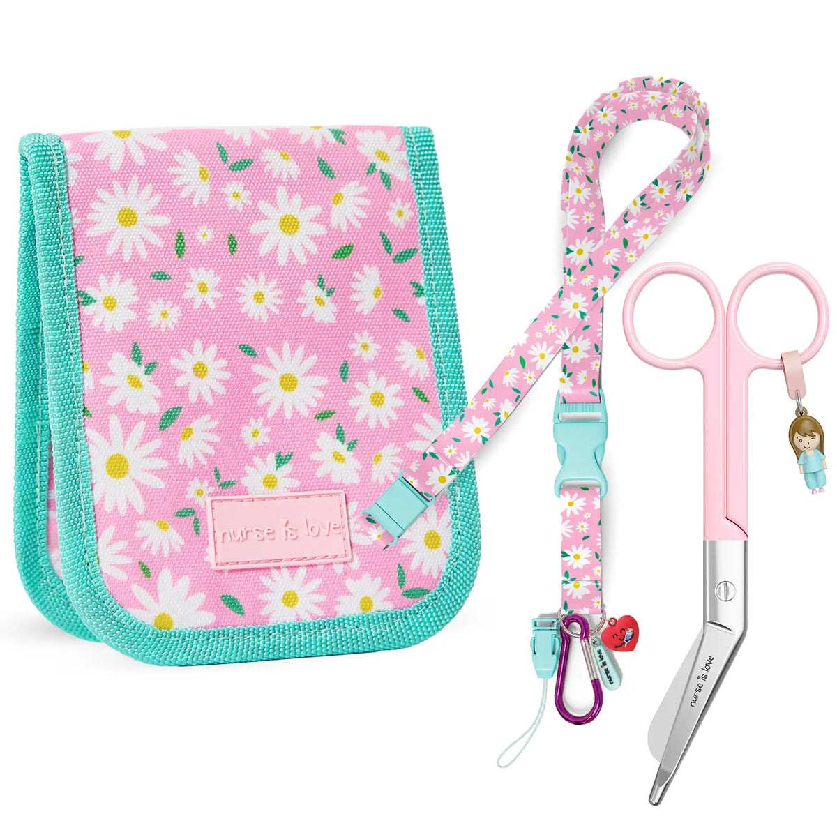 Set para Enfermera Organizador de Bolsillo - Lanyard con Tijeras Enfermeria Pico de Pato - Margaritas de Nurse is Love para enfermería y sanidad
