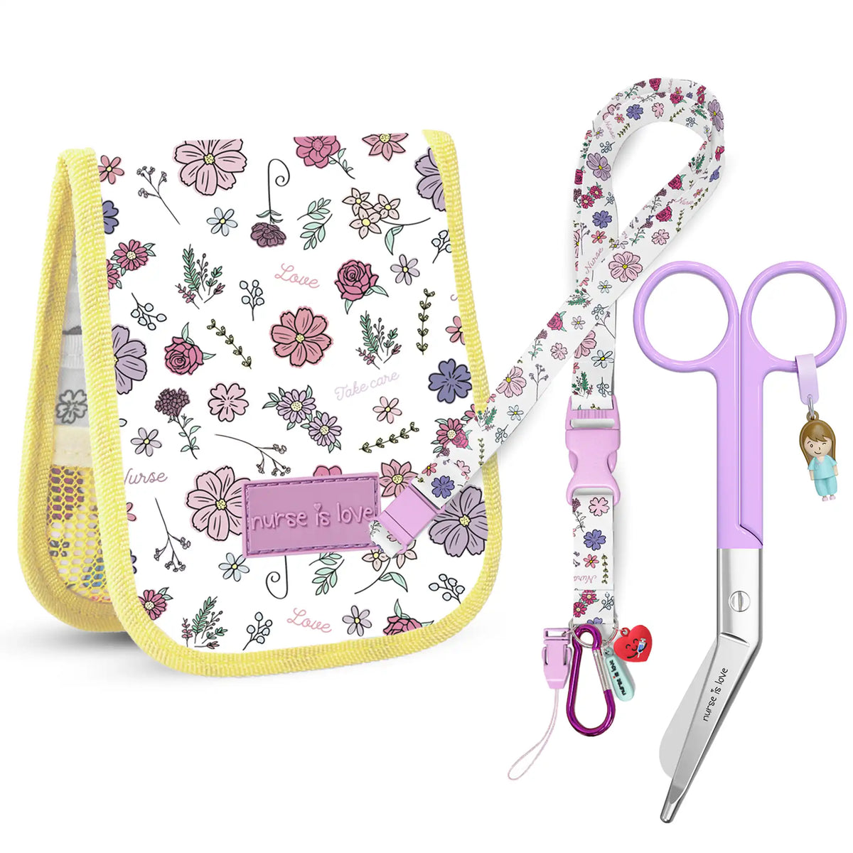 Set para Enfermera Organizador de Bolsillo - Lanyard con Tijeras Enfermeria Pico de Pato Flores de Nurse is Love para enfermería y sanidad