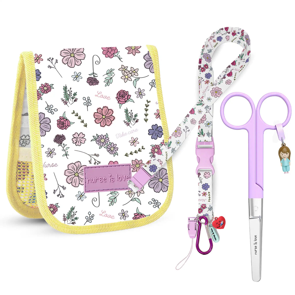 Set para Enfermera Organizador de Bolsillo, Lanyard con Tijeras Enfermeria Mayo - Flores de Nurse is Love para enfermería y sanidad
