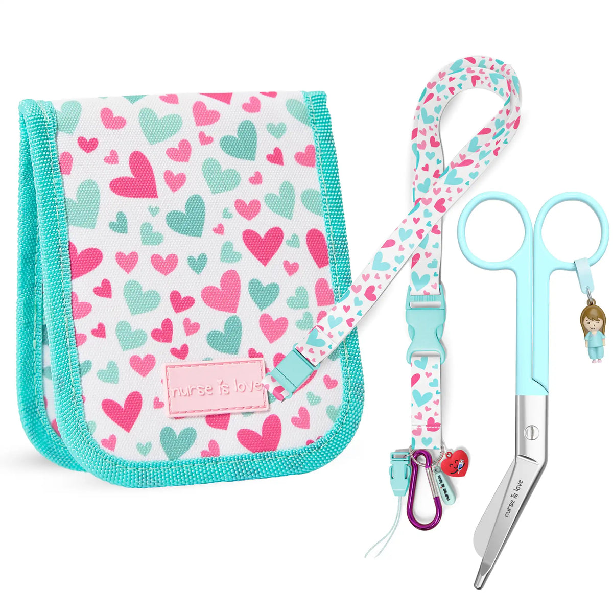Set para Enfermera Organizador de Bolsillo - Lanyard con Tijeras Enfermeria Pico de Pato - Corazones de Nurse is Love para enfermería y sanidad