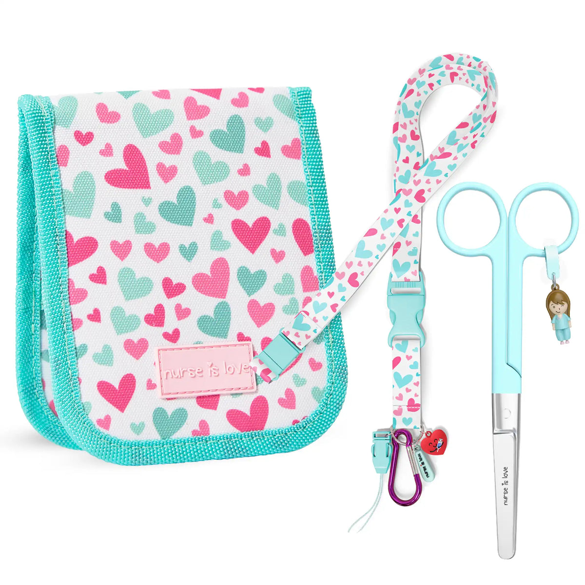 Set para Enfermera Organizador de Bolsillo - Lanyard con Tijeras Enfermeria Mayo - Corazones de Nurse is Love para enfermería y sanidad