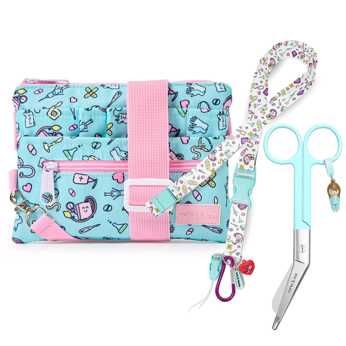 Set para Enfermera Organizador Riñonera Lanyard - Tijeras Enfermeria Pico de Pato - Aqua de Nurse is Love para enfermería y sanidad