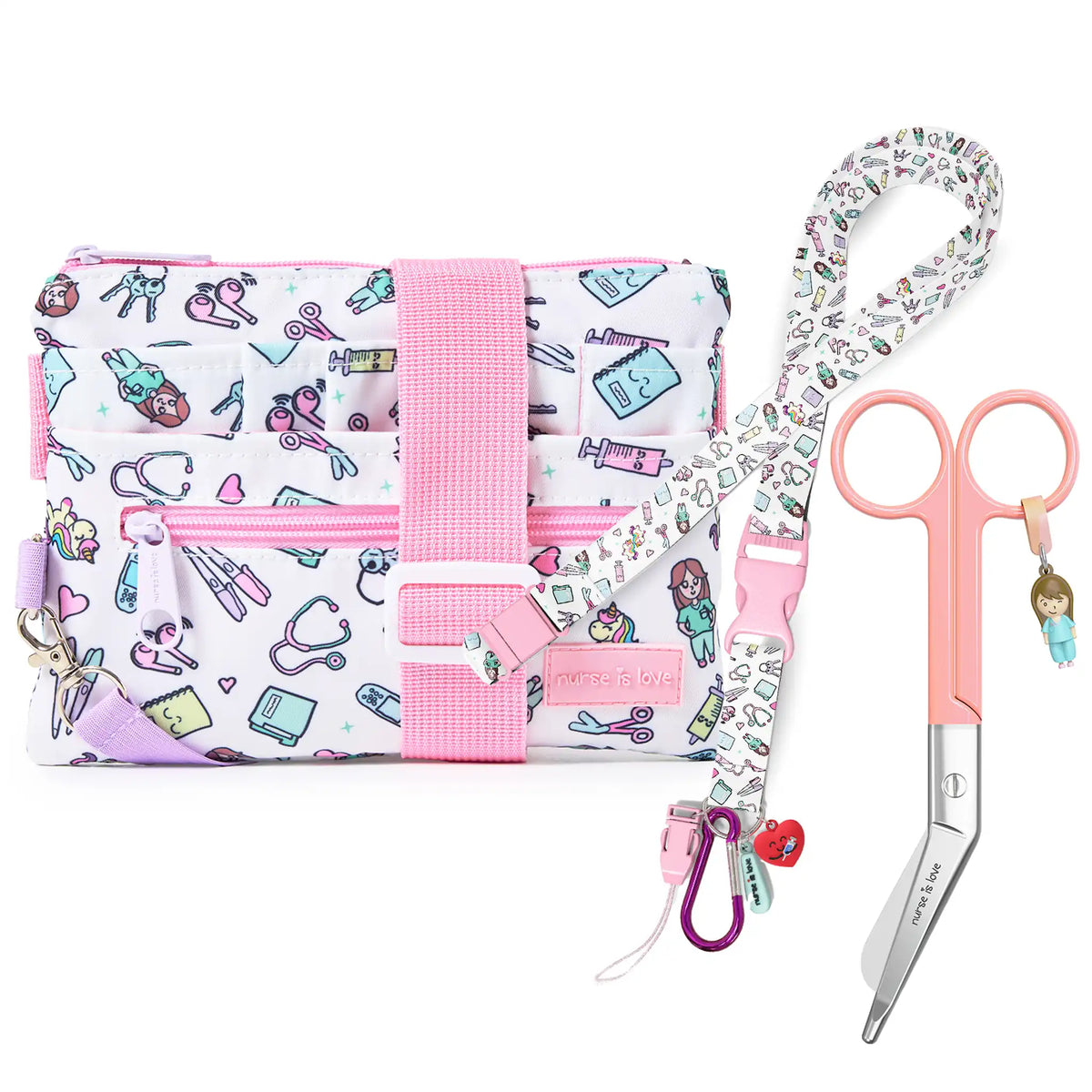 Set para Enfermera  Organizador Riñonera - Lanyard - Tijeras Pico de Pato - Unicornios