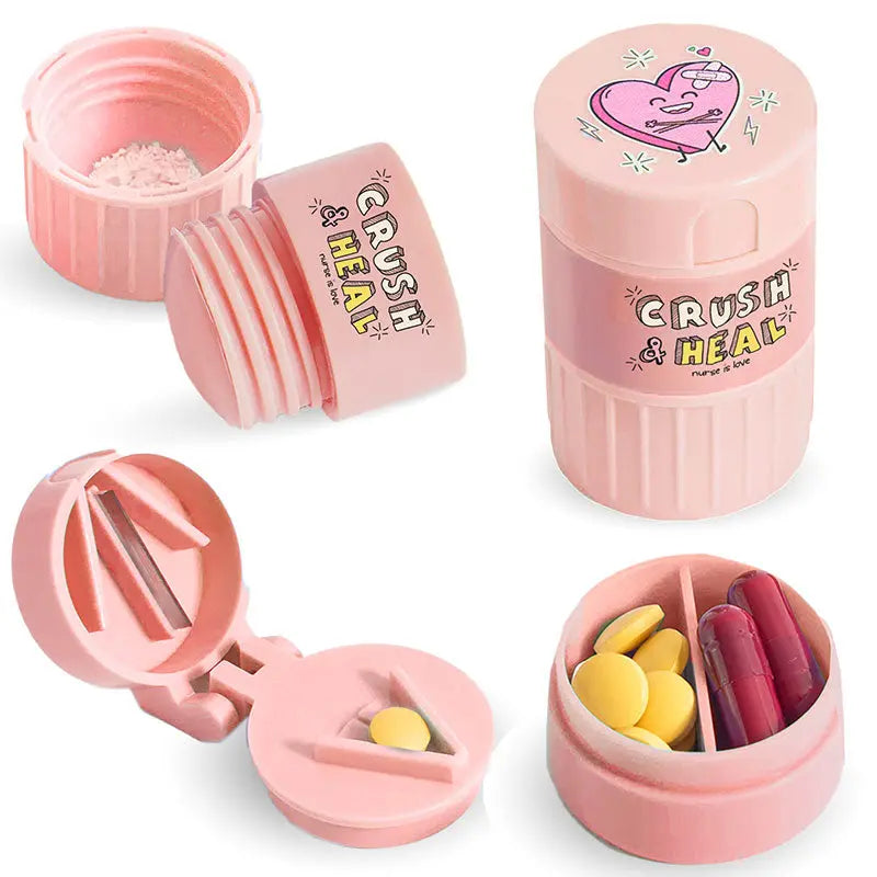 3 in 1 Tablettenbox mit Tablettenteiler und Mörser Rosa