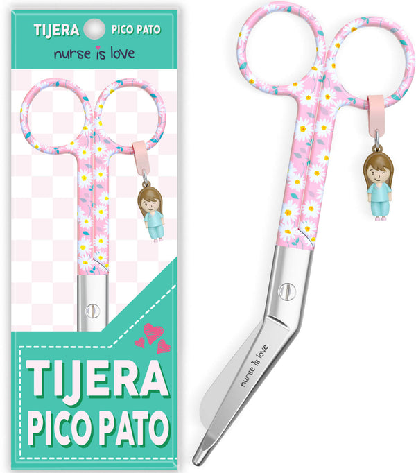 Tijeras Enfermería Pico de Pato margaritas fondo rosa