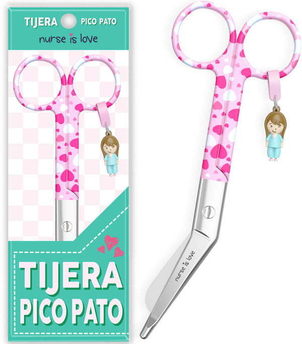 Tijeras Enfermería Pico de Pato corazones fondo rosa