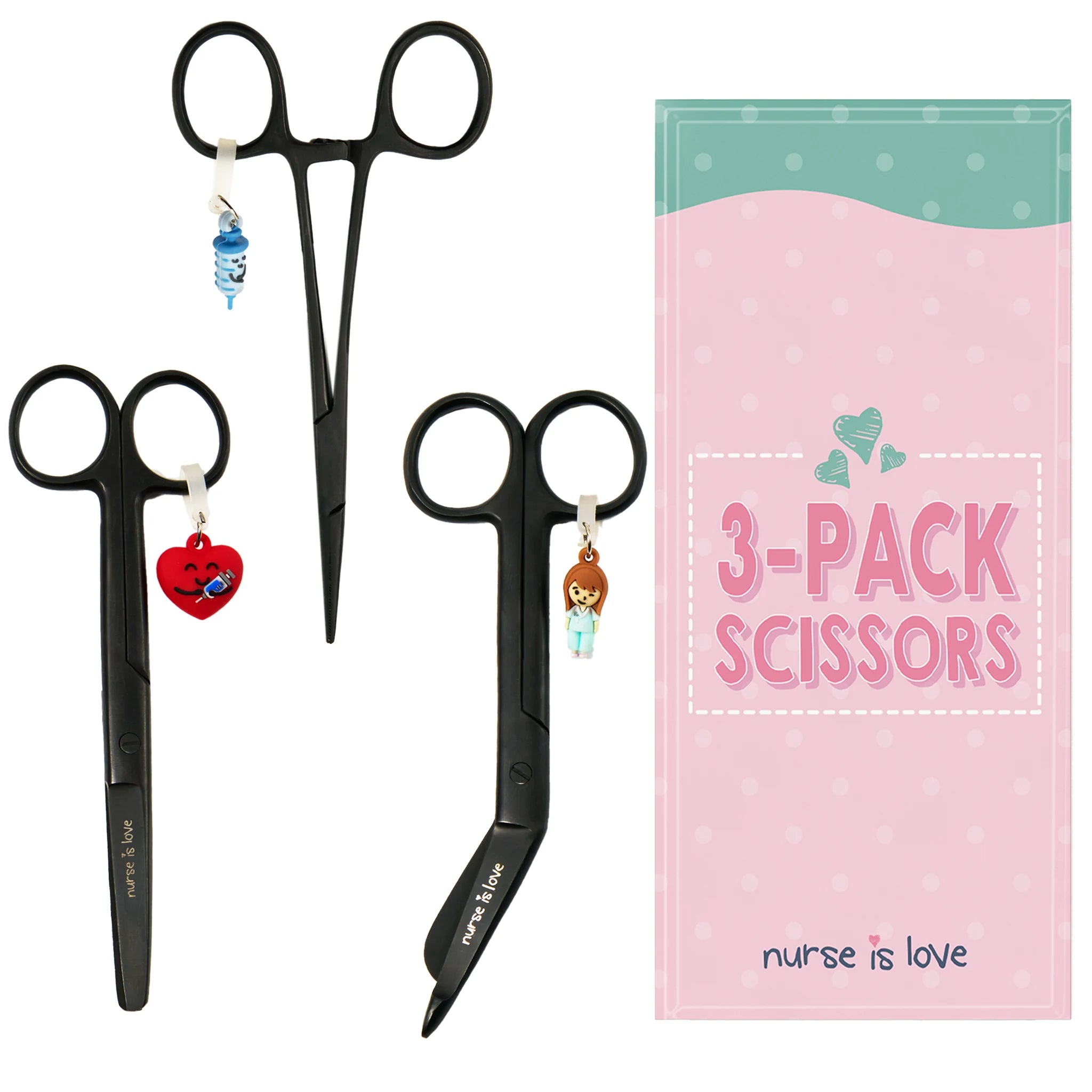 Set de Tijeras de Enfermería y Pinzas Kocher Black de Nurse is Love para enfermería y sanidad