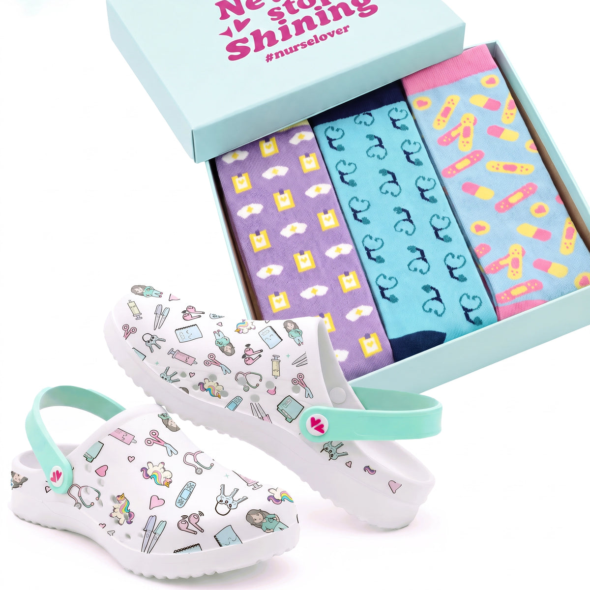 Set de Zuecos y Medias de Compresión para Enfermeras de Nurse is Love para enfermería y sanidad