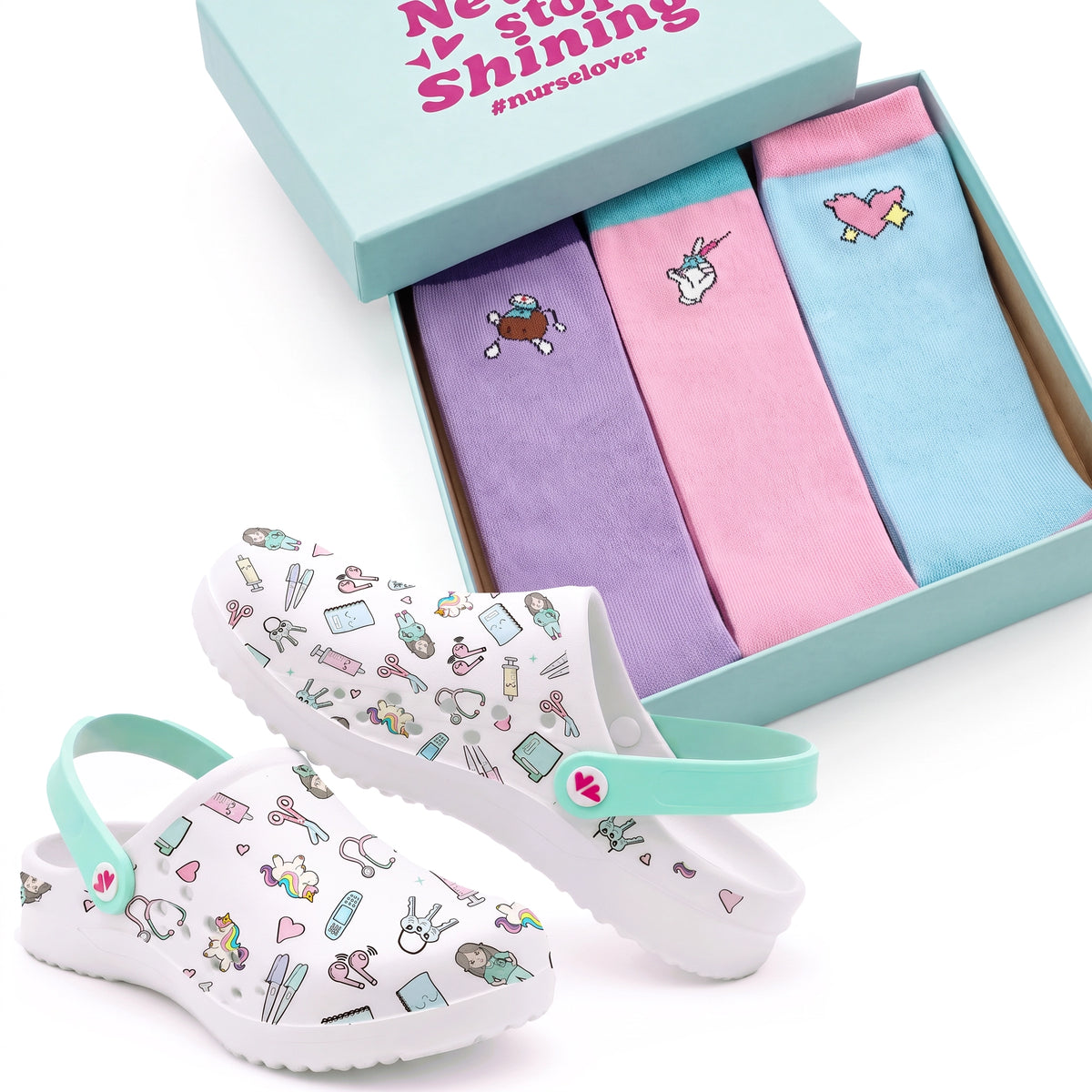 Set de Zuecos y Medias de Compresión para Enfermeras de Nurse is Love para enfermería y sanidad