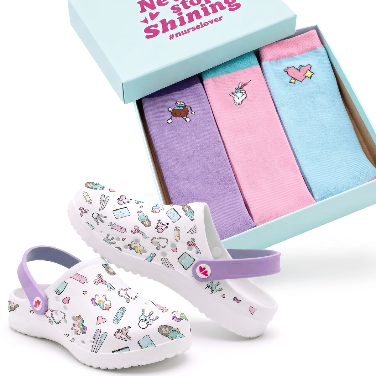 Set de Zuecos y Medias de Compresión para Enfermeras de Nurse is Love para enfermería y sanidad