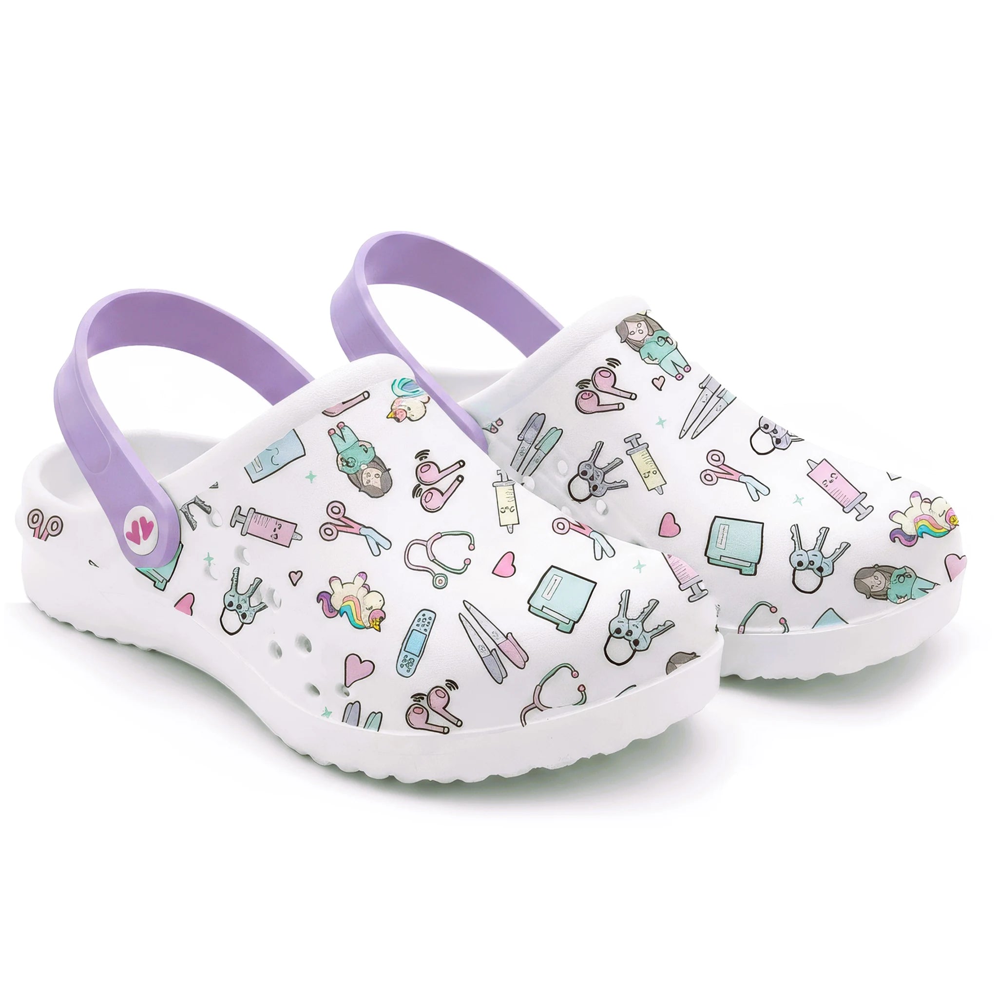 Zuecos para Enfermeras Blanco Morado de Nurse is Love para enfermería y sanidad