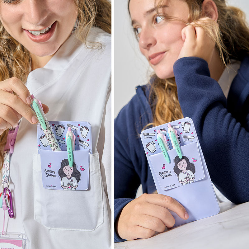 Set 2 Bolígrafos Multicolor + Salvabolsillos Morado de Nurse is Love para enfermería y sanidad