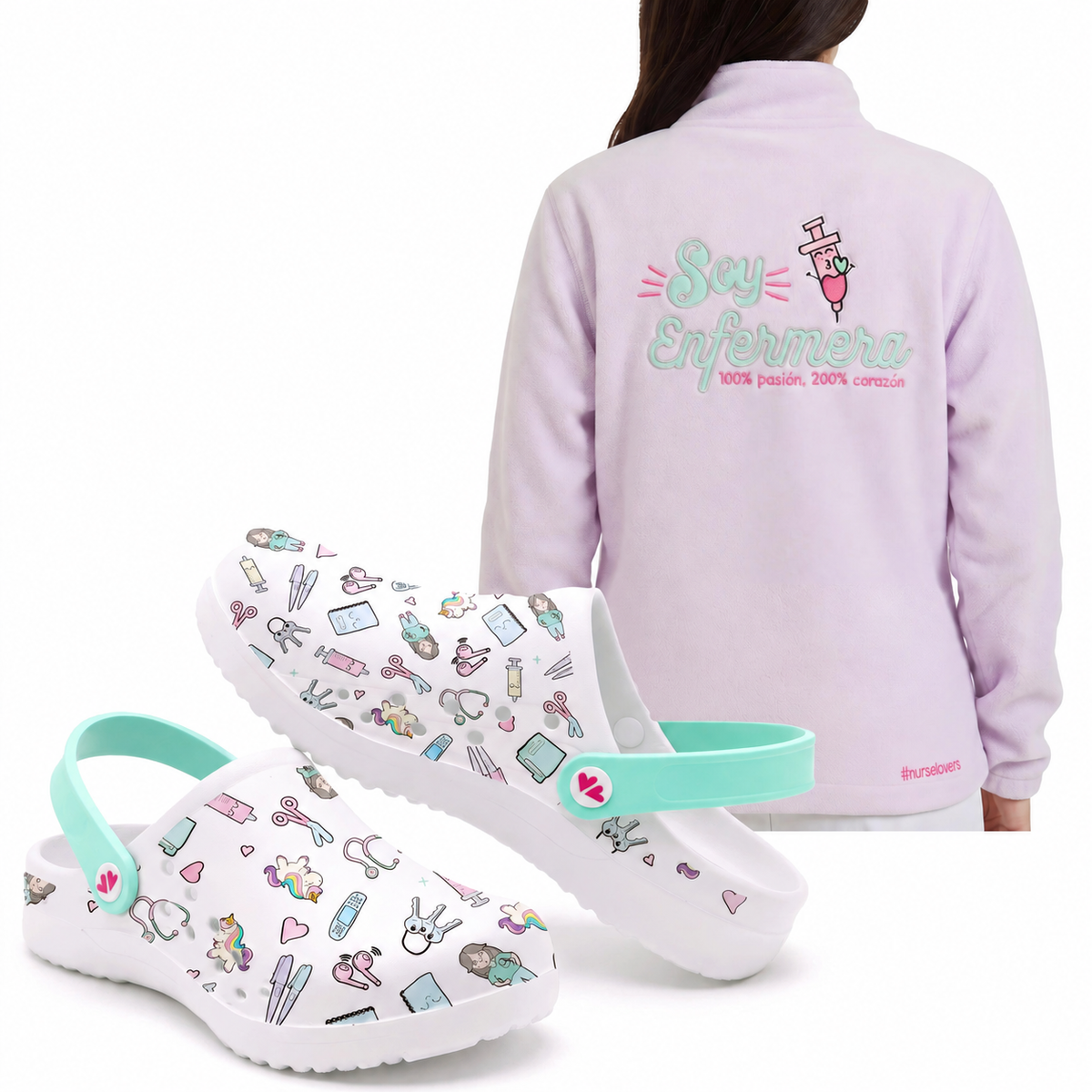 Set de Zuecos Blanco Aqua y Chaqueta Polar para Enfermeras: Morada