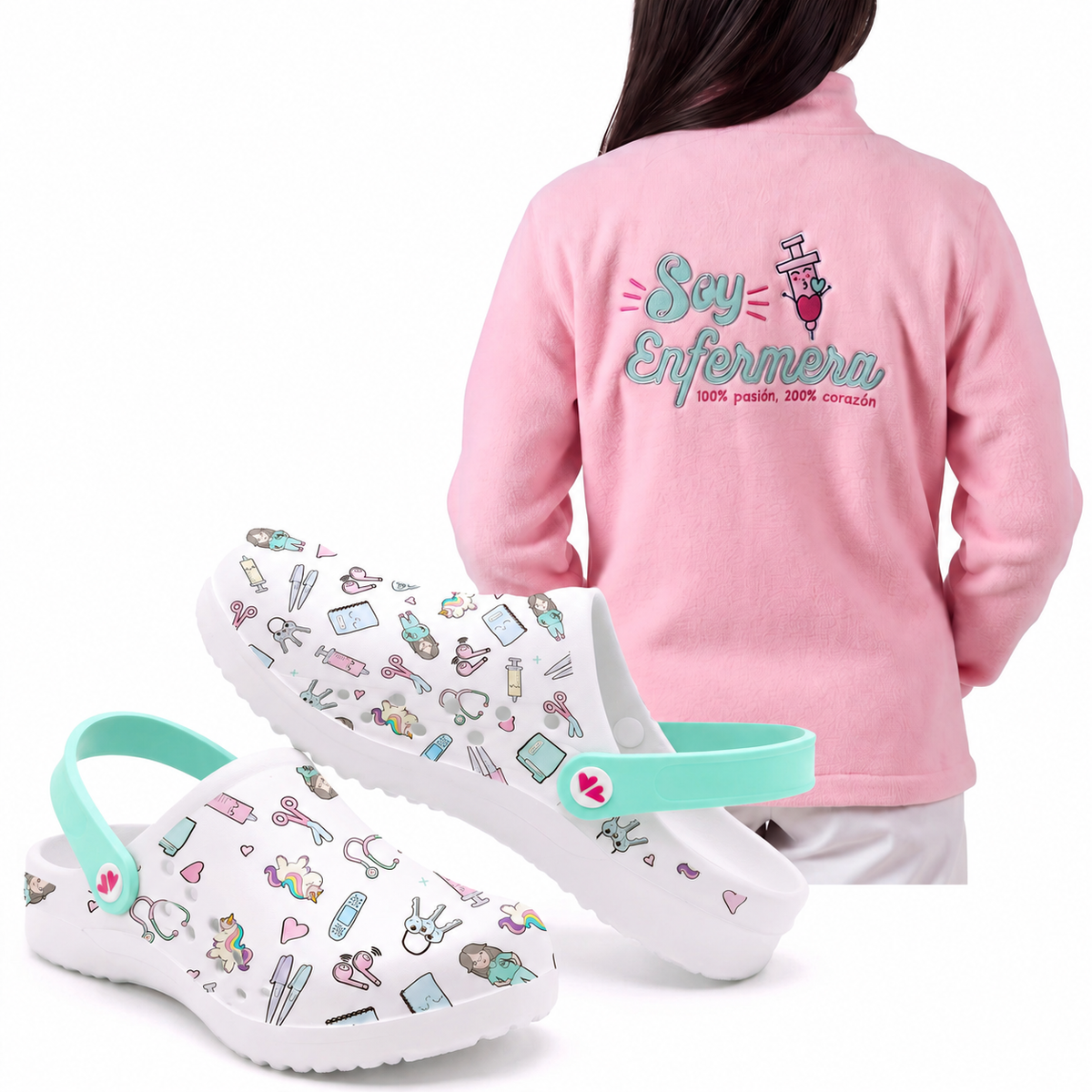 Set de Zuecos Blanco Aqua y Chaqueta Polar para Enfermeras: Rosa