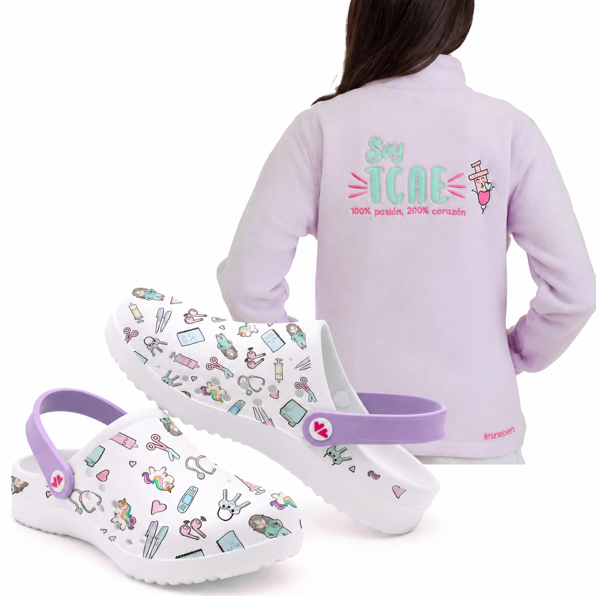 Set TCAE: polar morado con zuecos Blanco Morado
