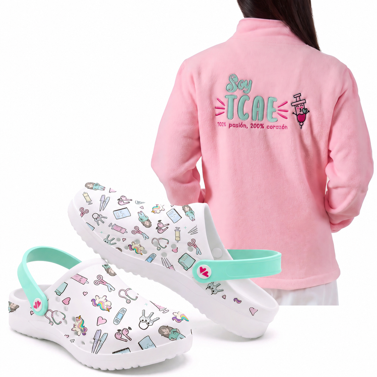 Set de Zuecos Blanco Aqua y Chaqueta Polar para TCAE (Rosa-Morada) de Nurse is Love para enfermería y sanidad